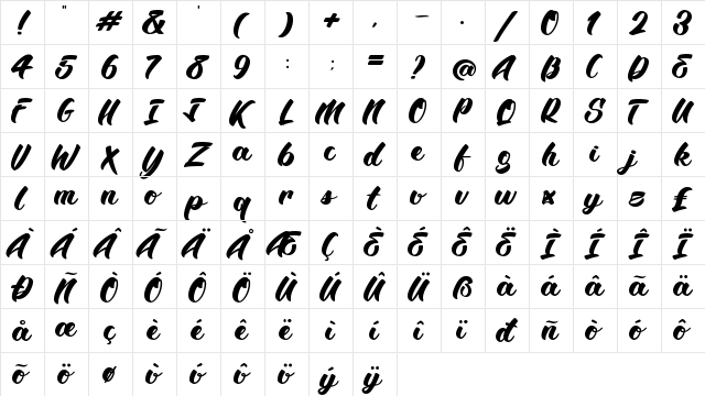 BTX-Angelika Regular  glyph index