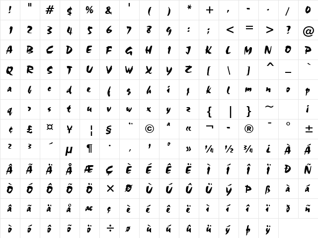 Staccato555 BT Regular  glyph index
