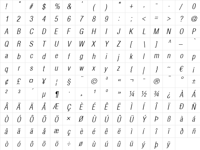 Helvetica LT CondensedLight Italic  glyph index