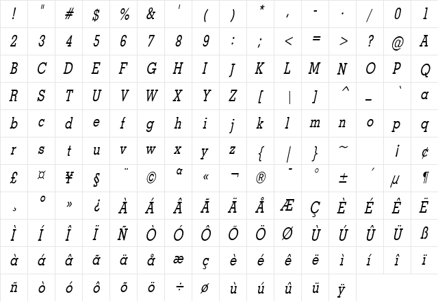 Geo Thin Italic  glyph index
