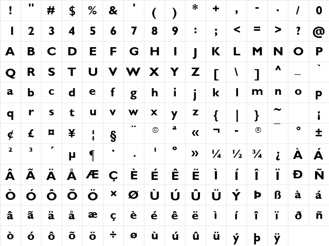 Gill Sans Bold  glyph index