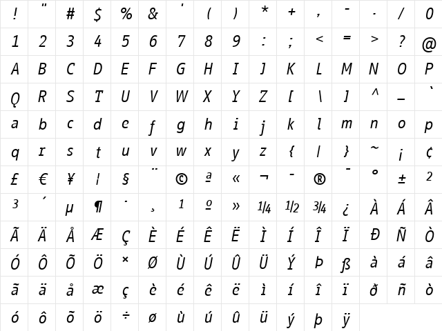 InfoOffice Italic  glyph index
