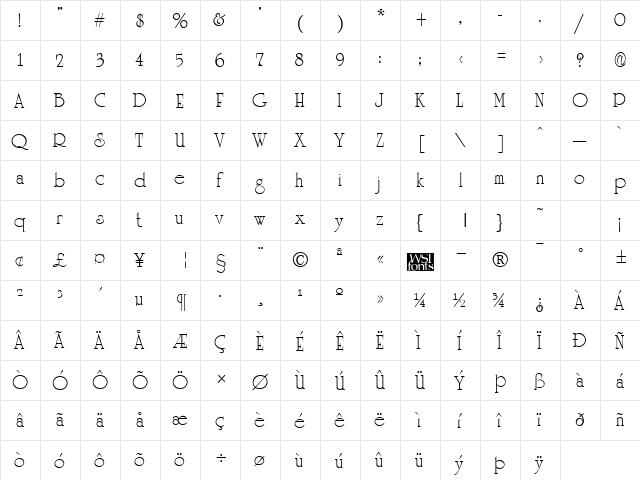 UniversityVariation Regular  glyph index