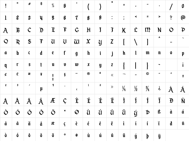 Enchanted Land Regular  glyph index