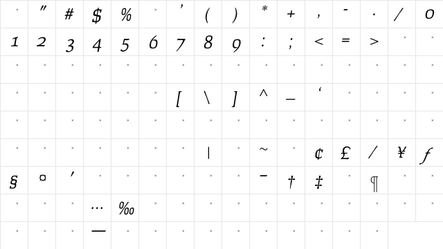 FaustLightItalicOldStyleFigsTab Regular  glyph index