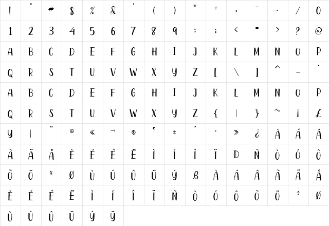 Heathens Sans Regular  glyph index