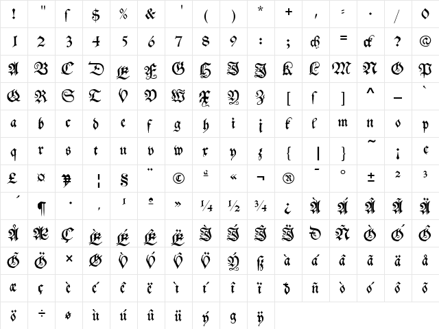 Schwabacher Regular  glyph index