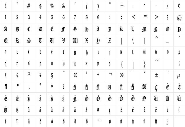 ManuscriptCondensed Regular  glyph index