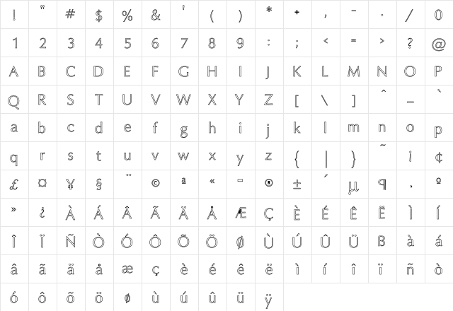 Oxford Hollow Regular  glyph index