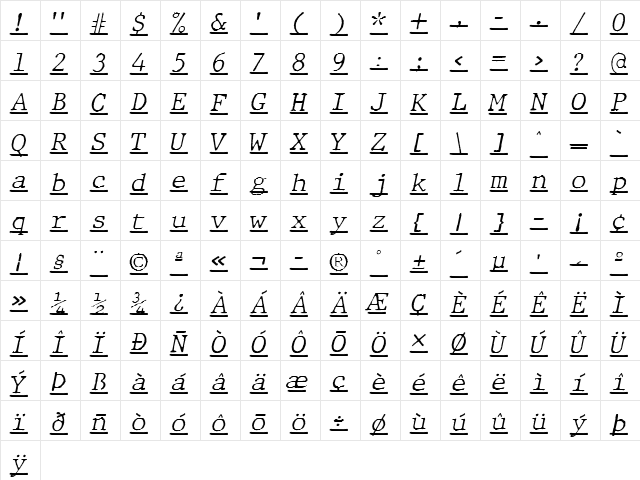 JMH Typewriter mono Fine Under Italic  glyph index