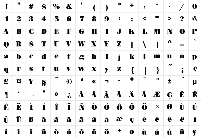 FeniceITC Ultra  glyph index