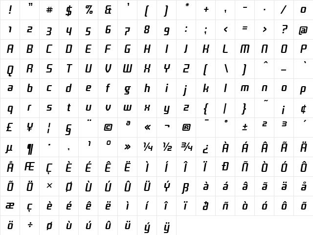 Titan Bold Italic  glyph index