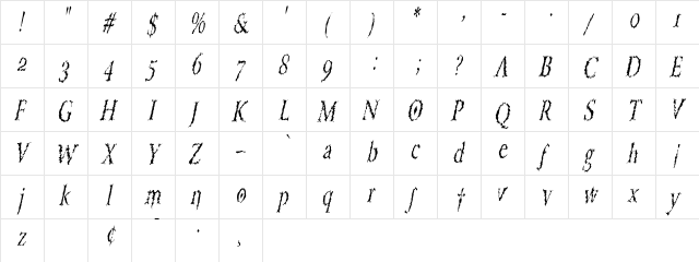 PorcupineRomanCondensed Italic  glyph index
