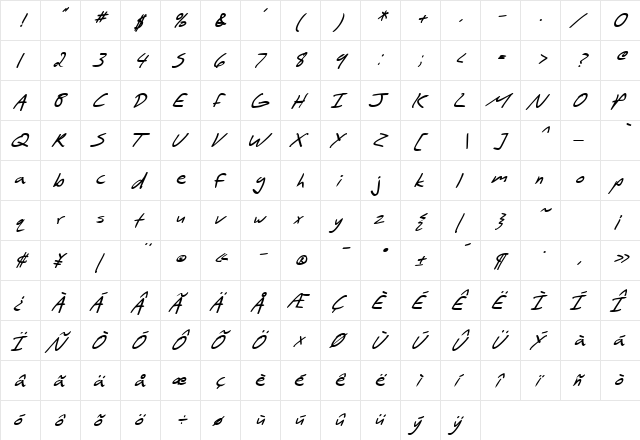 SF Scribbled Sans Bold Italic  glyph index