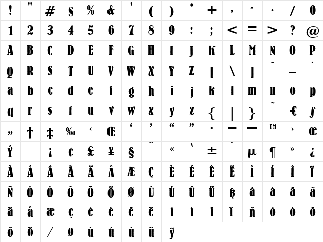 LeonhardBoldCondensed Regular  glyph index