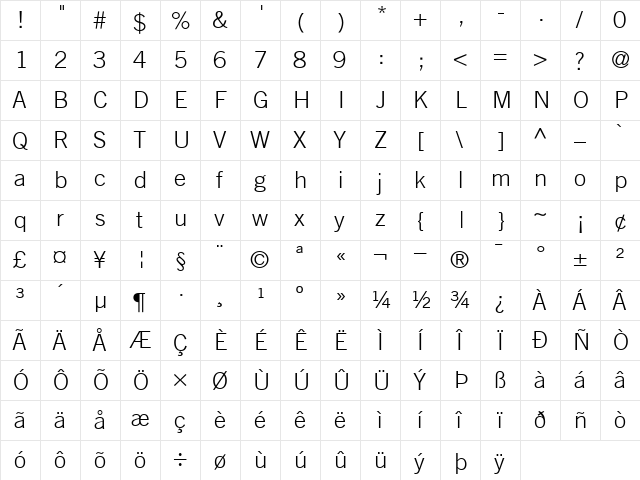 TradeGothic-Light Light  glyph index