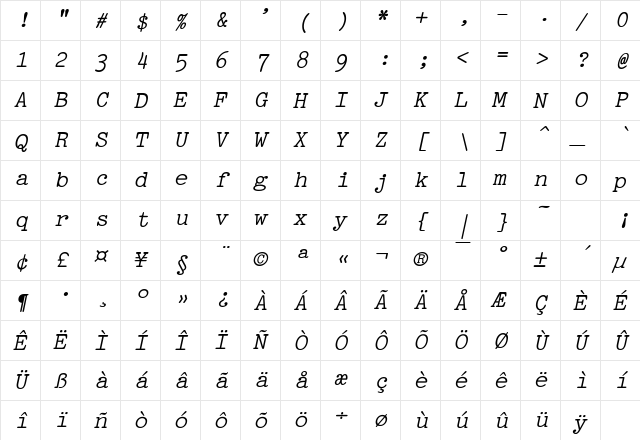 Pica BoldItalic  glyph index