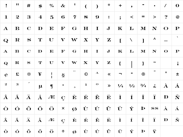 Engravers LT Std Bold Face  glyph index