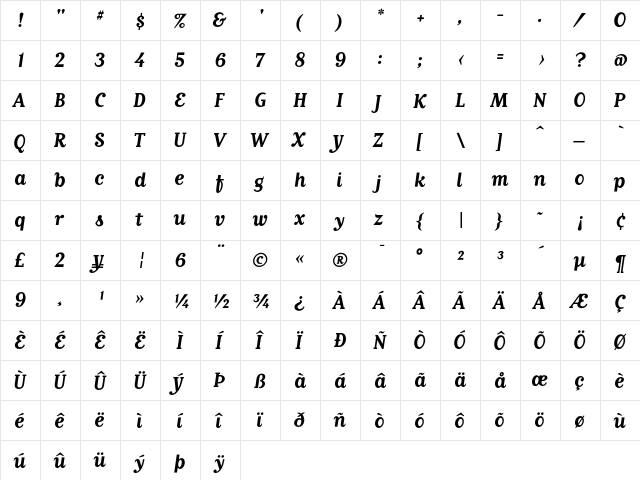 MatrixScriptBoldLining Regular  glyph index