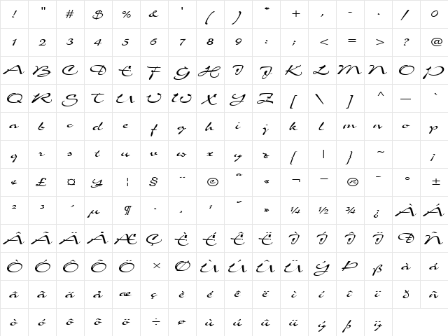 Scheherezade Regular  glyph index