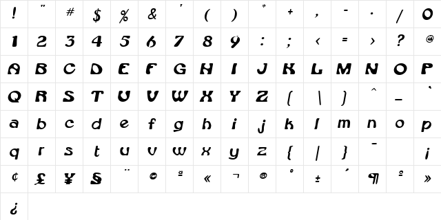 Jetty Oblique  glyph index