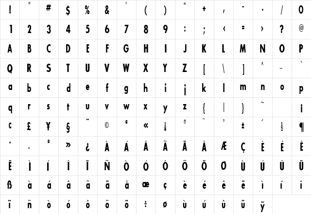 BouganBlackCondSSK Regular  glyph index