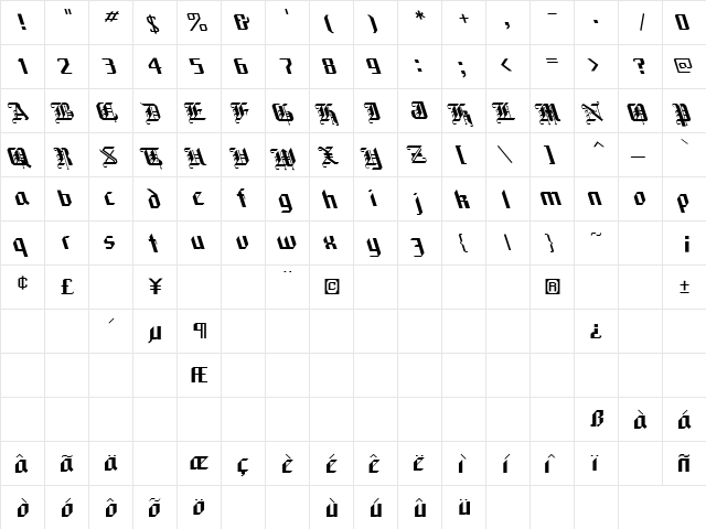 Black Forest Lefty Regular  glyph index
