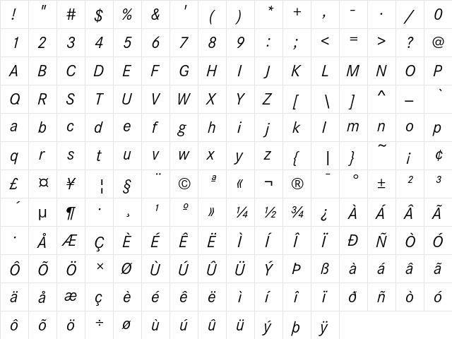 CorporateS RegularItalic  glyph index