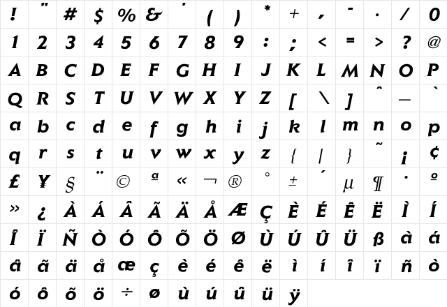 Elan BoldItalic  glyph index