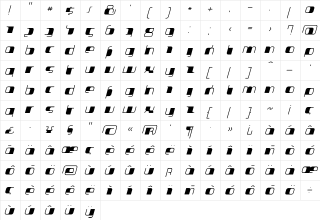 Jakone ExtendedBoldItalic  glyph index
