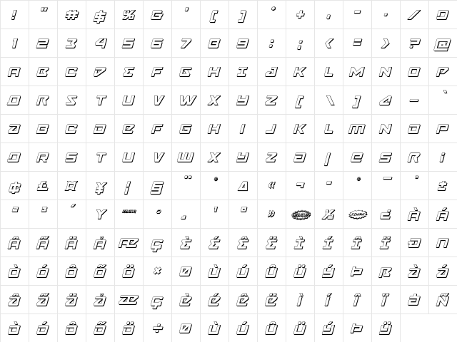 Navy Cadet 3D Italic Italic  glyph index