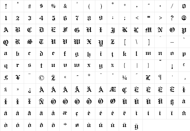 AntiqueBlack Regular  glyph index