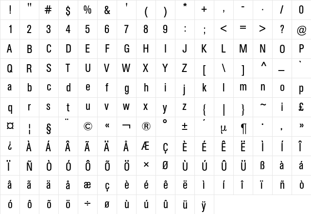 AG Buch Condensed BQ Regular  glyph index