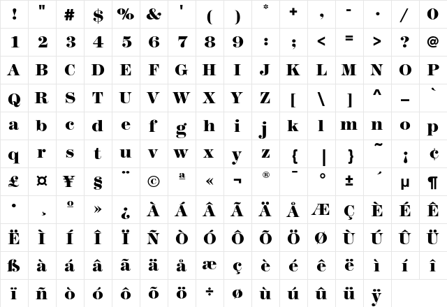ModernNo216EF Heavy  glyph index