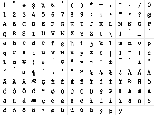 JMH Typewriter dry Bold  glyph index