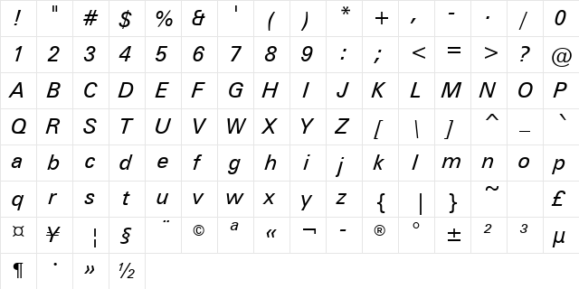 ZurichGreek BT Inclined  glyph index