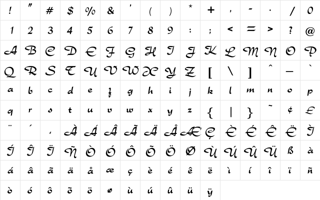 Cinderella Regular  glyph index