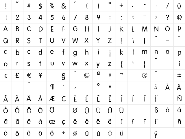VolkswagenAntique Regular  glyph index