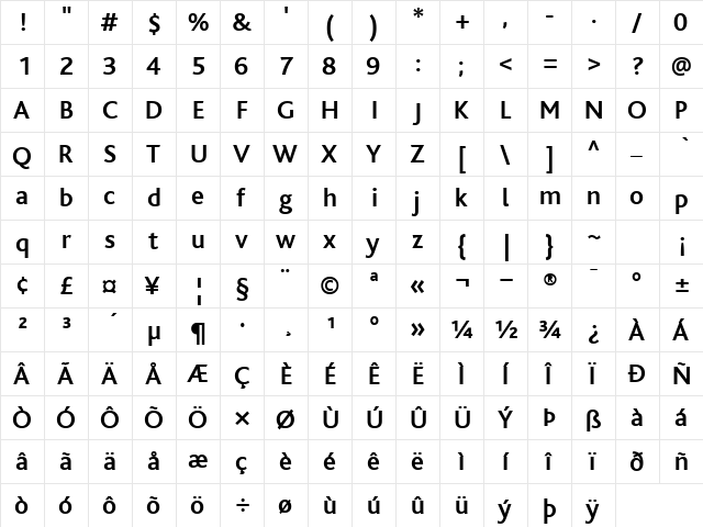 BlissBold Regular  glyph index