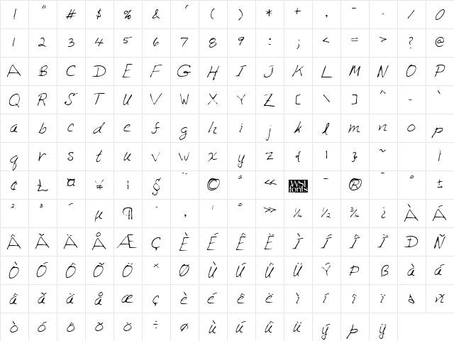 OscarsHand Regular  glyph index