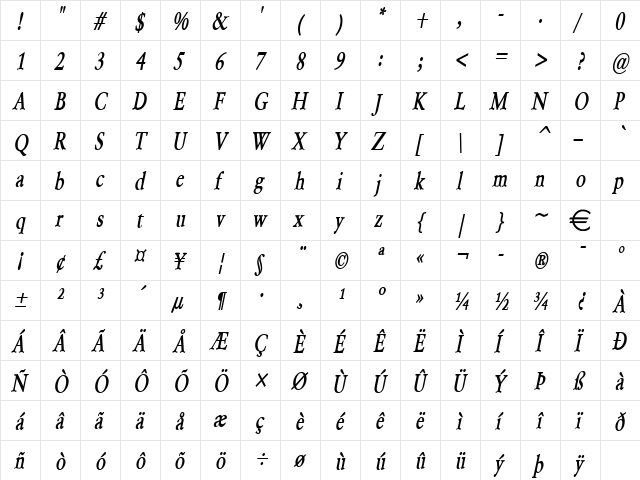 GarrickThin BoldItalic  glyph index