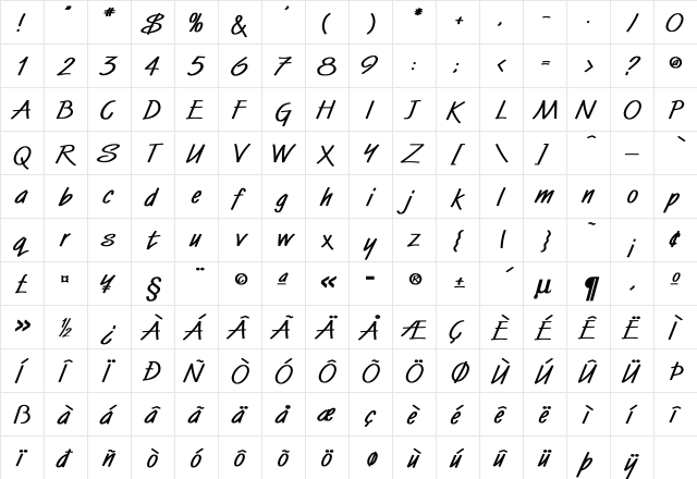 Windmill-Bold Regular  glyph index