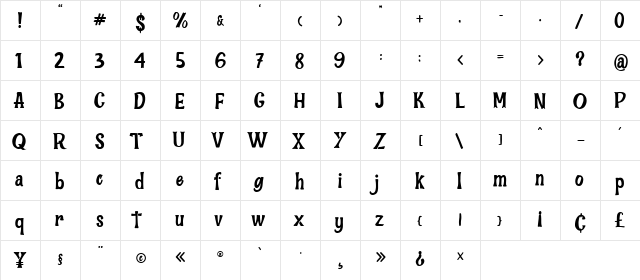 Bana Chips Regular  glyph index
