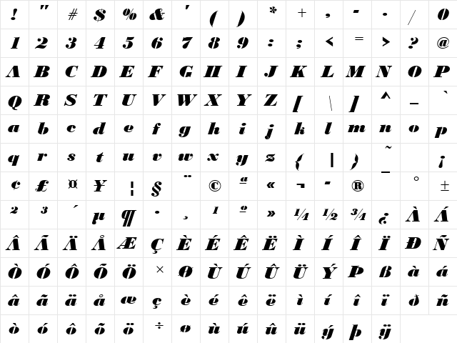 BodoniDBla Italic  glyph index