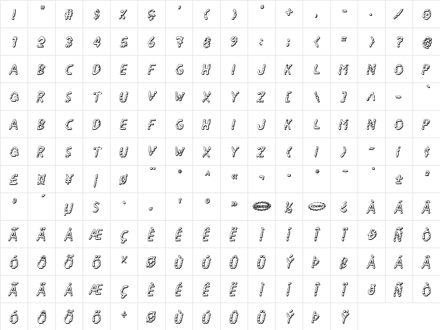 Blood Drenched 3D Italic Regular  glyph index