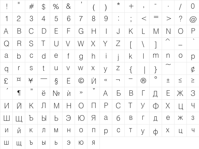 HebarExtraLight Normal  glyph index