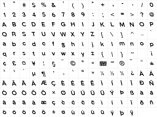 PhinsterLefty Bold  glyph index
