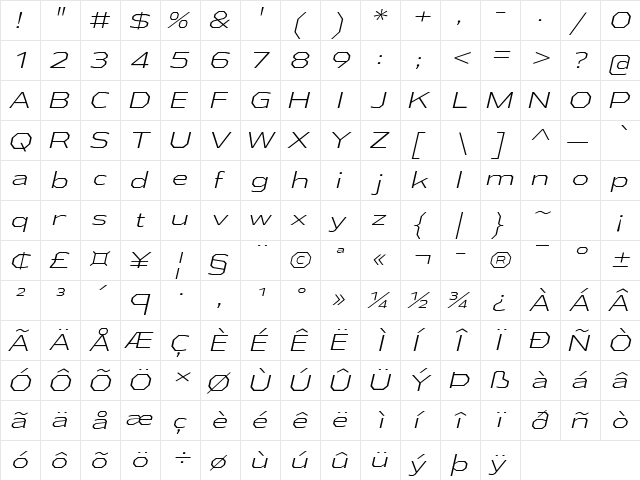 Athabasca Expanded Light Italic  glyph index