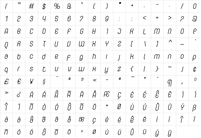 Curvature-RegularItalic Regular  glyph index