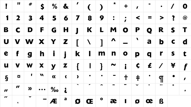 ExtensionBold Regular  glyph index